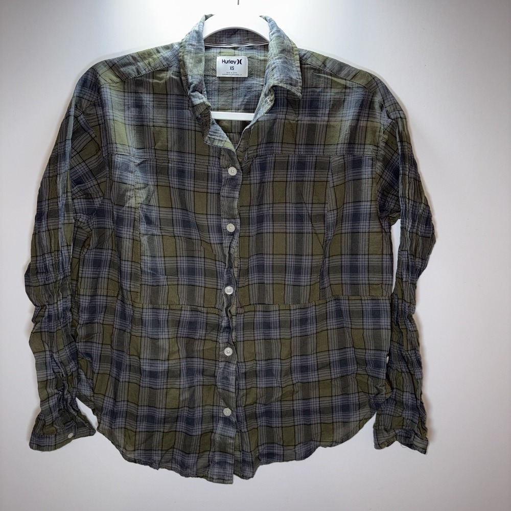 Hurley Women's Lightweight Cotton Long Sleeve Green Plaid Size XS Grunge Skater